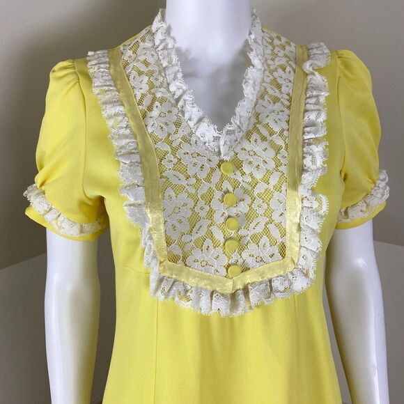 Vintage 60s 70s Yellow Mod Maxi Dress Lace Prairie Babydoll M Medium Polyester - Picture 5 of 10